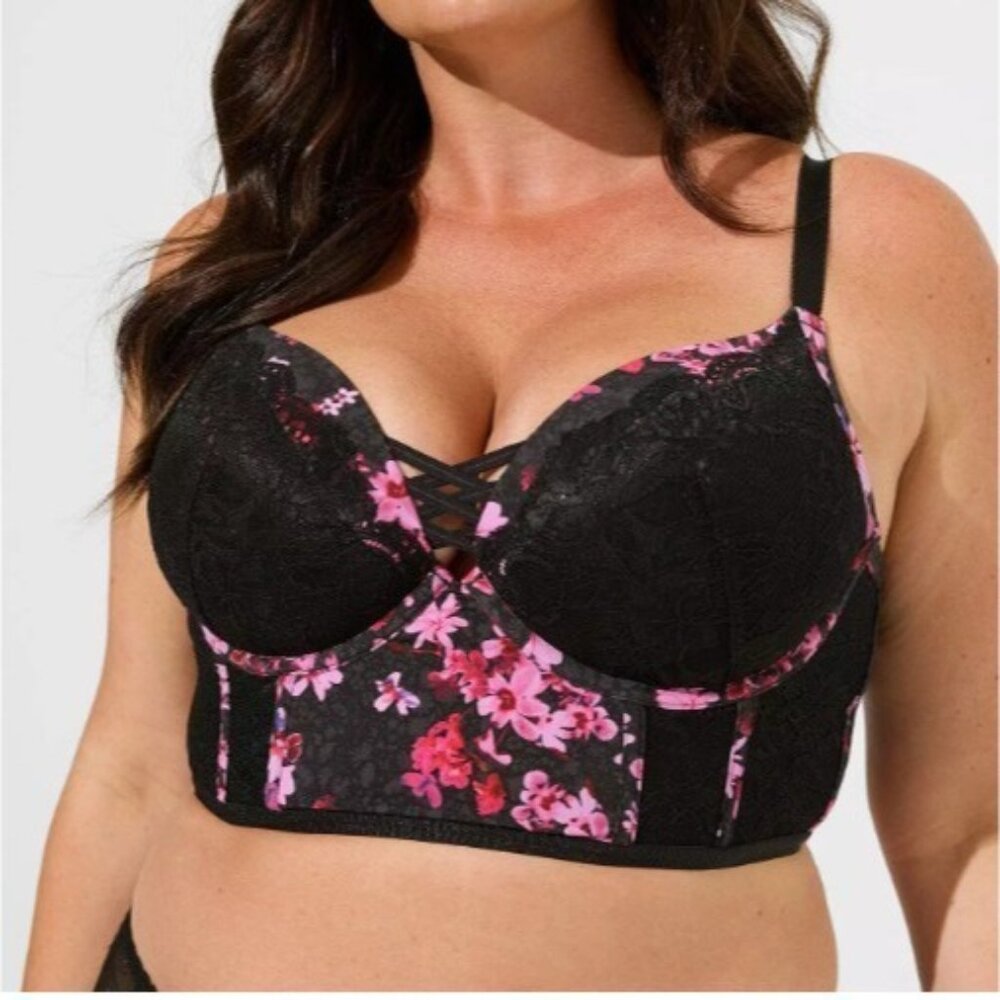 New Torrid XO Plunge Push Up Bra Moody Floral Rich Black Sz 44DDD Sexy Corset - Picture 2 of 7